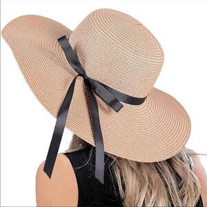 Floppy Wide Brim Dome Crown Black Bow Ribbon Summer Straw Sun Hat - NEW